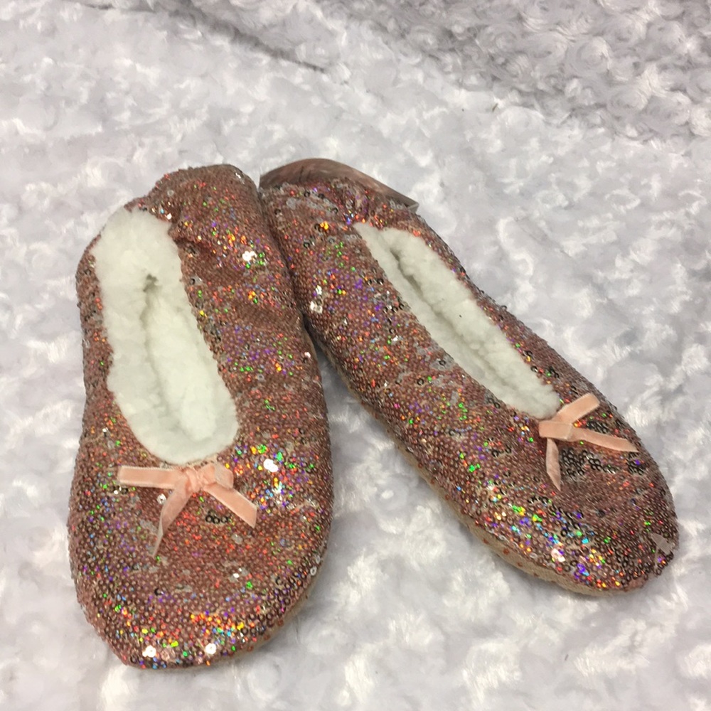 PINK BALLERINA SLIPPERS SPARKLE Sherpa vintage soft velvet bow  NWT SZ M/L